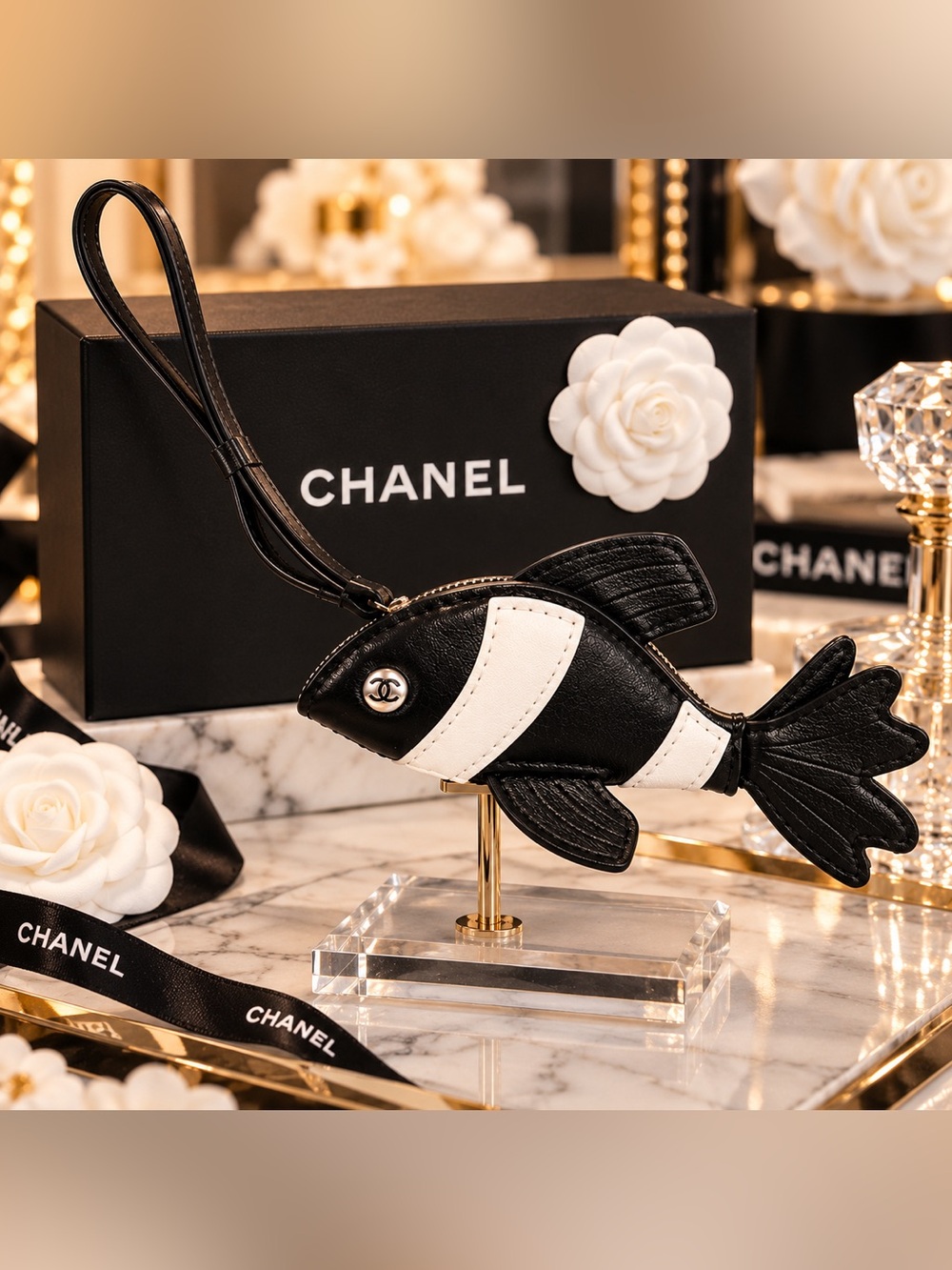 Black and White Fish-Shaped Keychain
